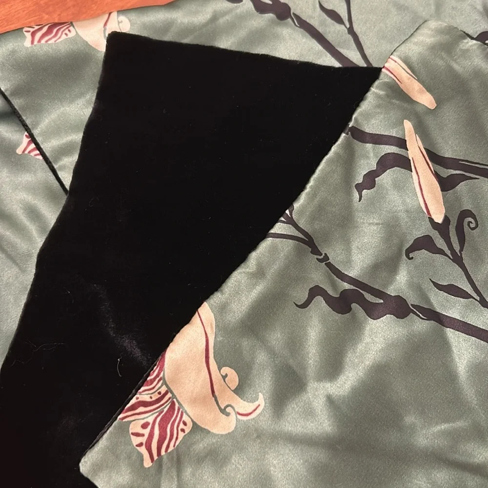 Silk Velvet Orchid Print Scarf Green Red Black Reversible